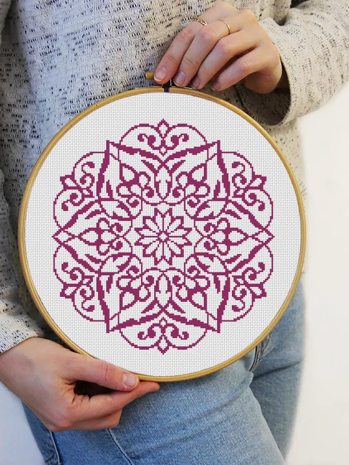 Mandala cross stitch pattern download PDF, Monochrome mandala pattern PDF, Floral ornament cross stitch chart, Easy embroidery beginner #M27