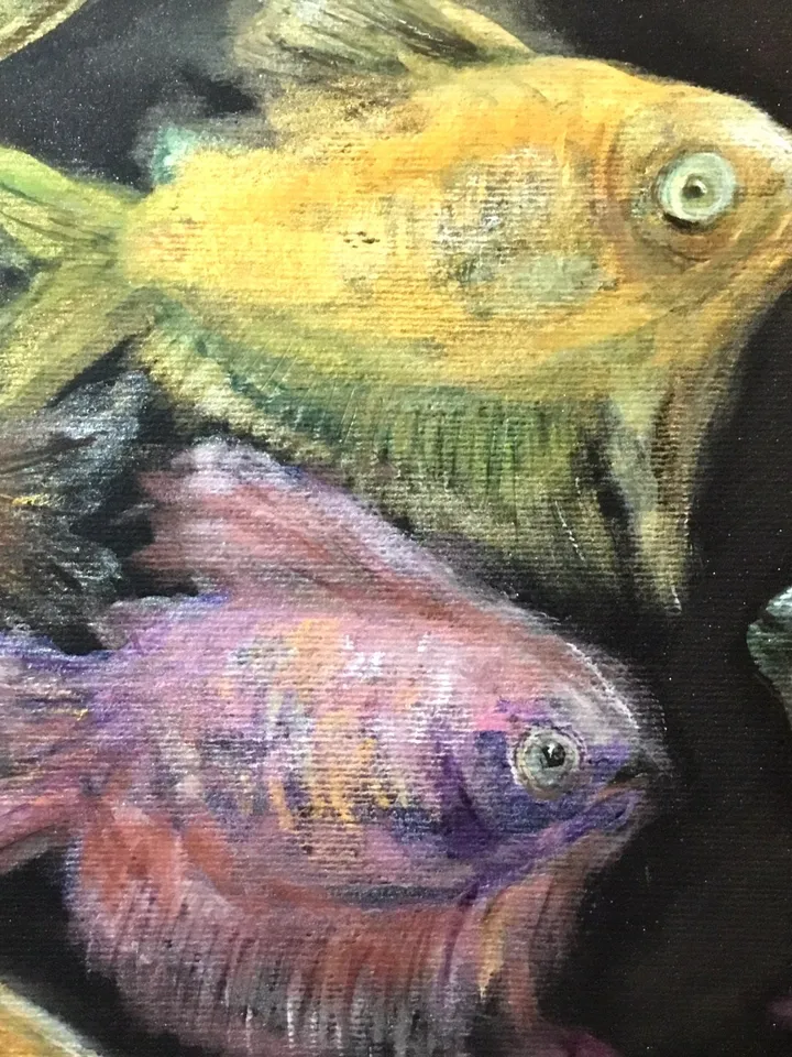 Fish aquarium painting, golden fish ,original watercolour and soft pastel painting,dark background.Home decoration.