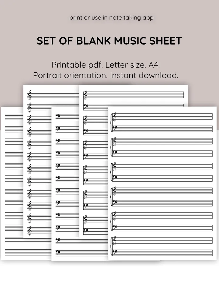 Set of blank music scores for musicians, teachers, and composers. Printable blank music stave. Blank piano sheet music.