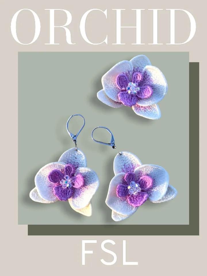 Orchid FSL machine embroidery designs Free standing lace embroidery pattern 3D flower embroidery motif Flower FSL embroidery Earrings FSL
