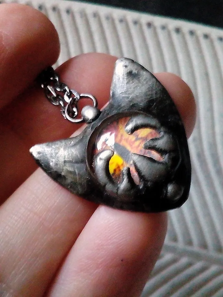 CAT necklace, cat eye tin soldered pendant, cat lovers jewelry, Halloween necklace, witchy aesthetic, goth bat pendant