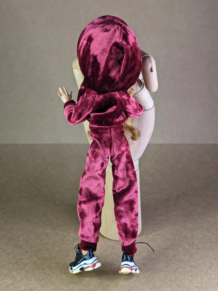 Handmade burgundy velvet hoodie & pants set for 10.5 inch female dolls