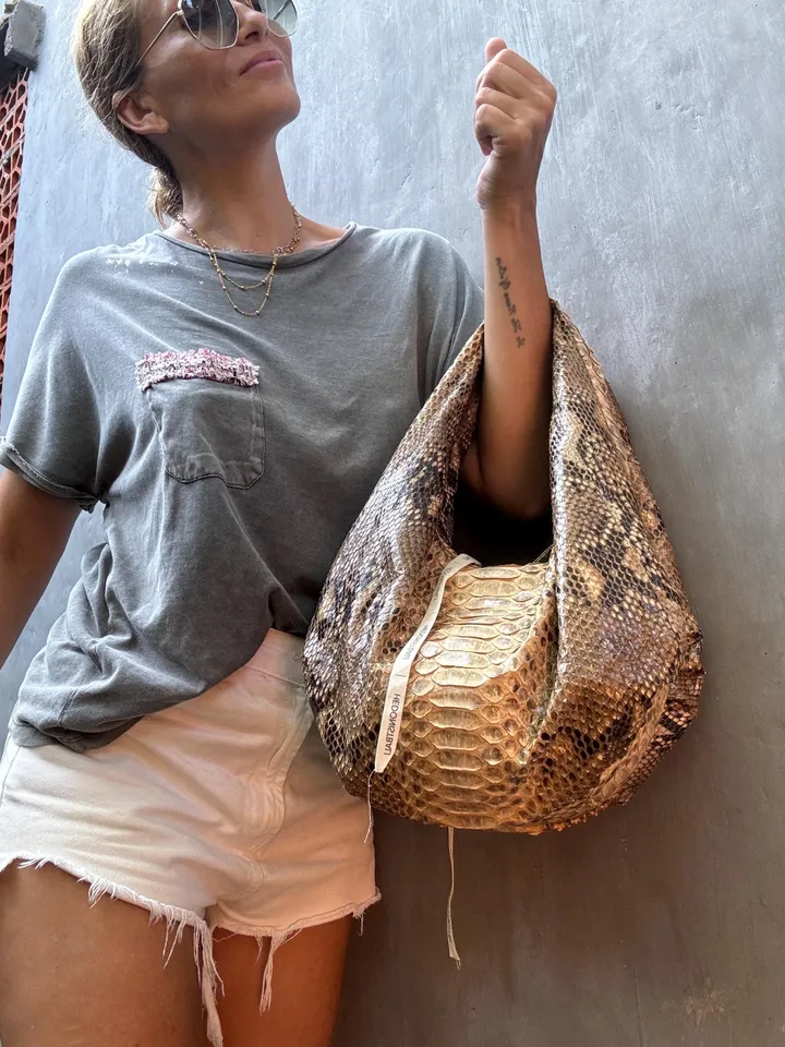 Medium Soft Hobo Classy Sport Woman Bag | Purse Genuine Python Skin | Reptile Skin Products | Cream Elegant Leather Designer Soft Bag Snake