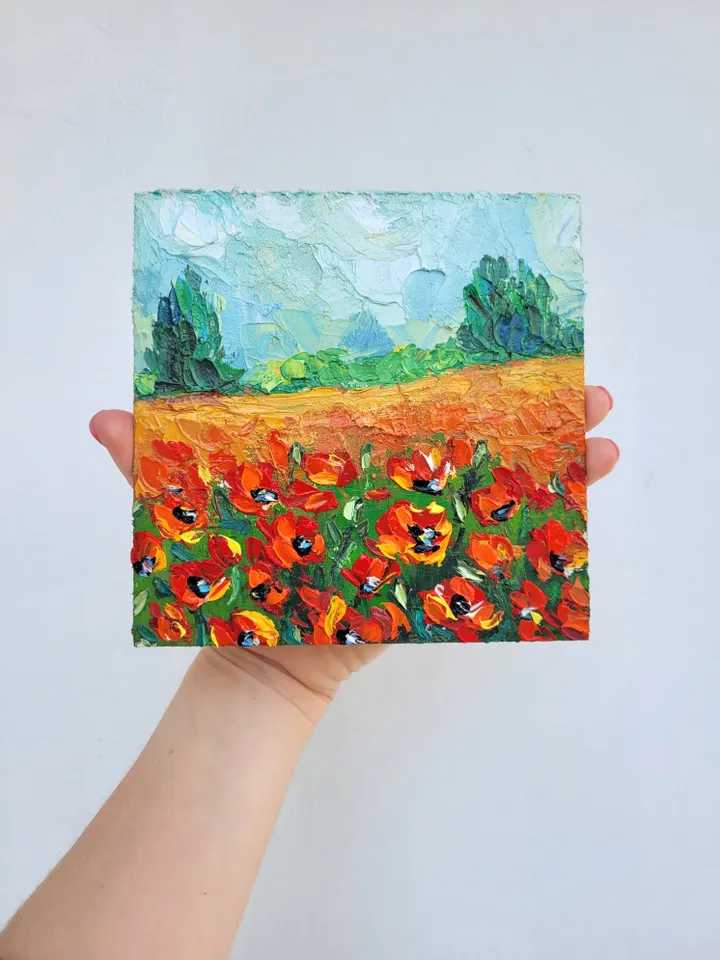 Poppy Field Painting Meadow Painting Original Impasto Oil Painting 6x6 Wildflower Landscape Painting Tuscany Painting Wall Decor Gift by ArtFromVictoria