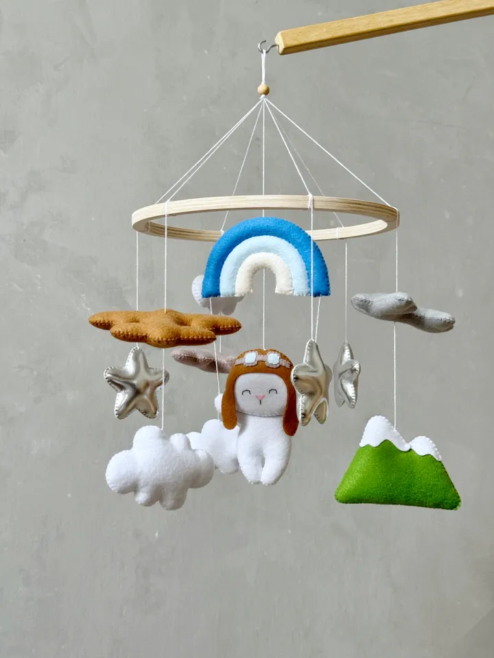 Bunny pilot baby mobile boy airplane, Travel nursery crib mobile