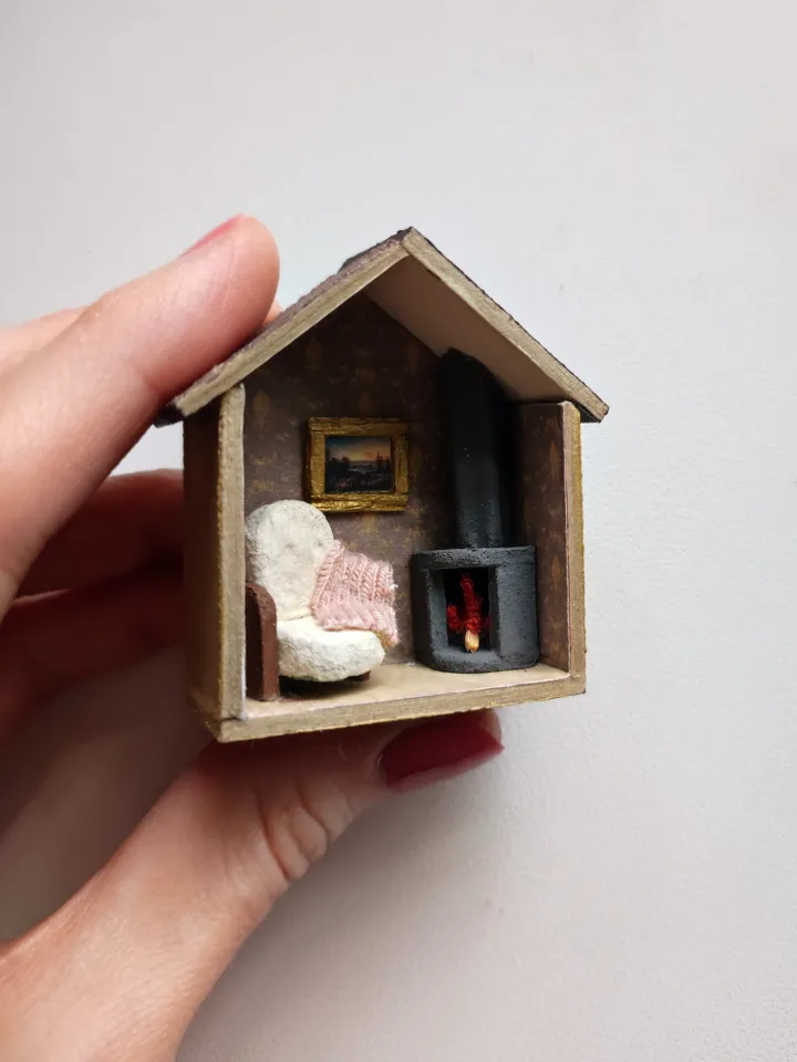 Micro Hall with Fireplace Miniature Doll House With Furniture scale 1/100