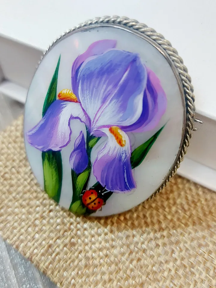 Nice "Iris" Hand Painted Russian Fedoskino Mother-Of-Pearl Brooch/Pin/Miniature hand-painted/Russian fine art jewelry/ Russia gift for woman