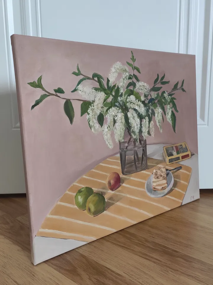 Oil painting "Still life with bird cherry blossoms"