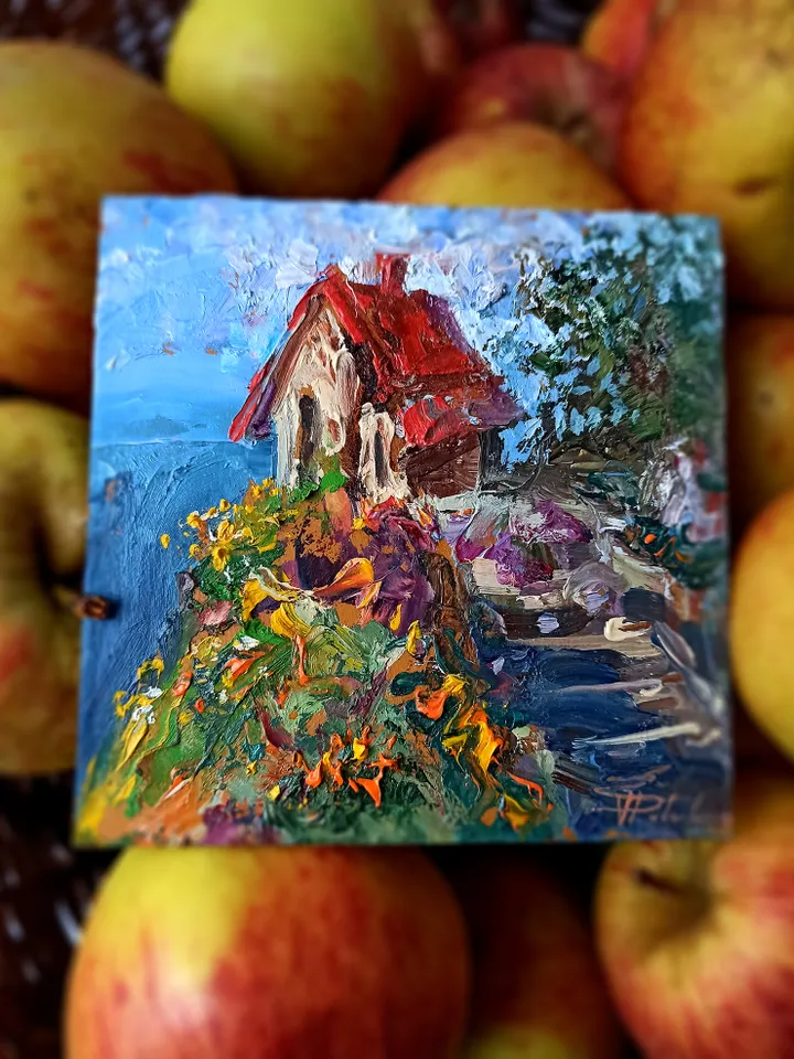 The Small House On The Ocean, oil, cardboard, 4x4" 🏡