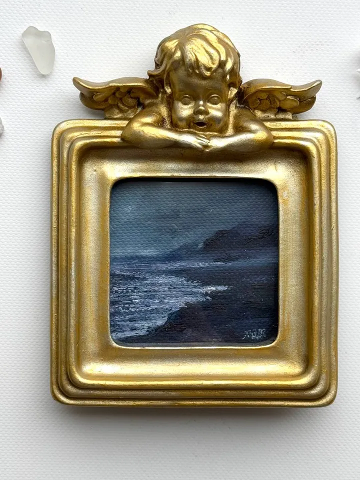 Small Landscape Painting Framed Original Foggy Cliff Painting Antique Misty Art Coastal Gold Frame Tiny Paintings 4 x 4 Art Victorian artwork