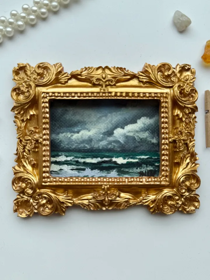 Small Landscape Acrylic Painting Framed Original Stormy Coast Painting Antique Ocean Art Gold Frame Tiny Paintings 3 x 4 Wave Art
