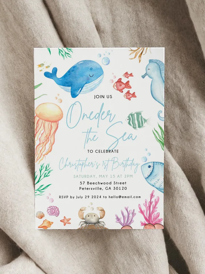 Oneder the Sea Birthday Invitation Under the Sea Editable Canva Template, 1st Birthday Invite Ocean Animals Invitation, Kids Birthday Invite