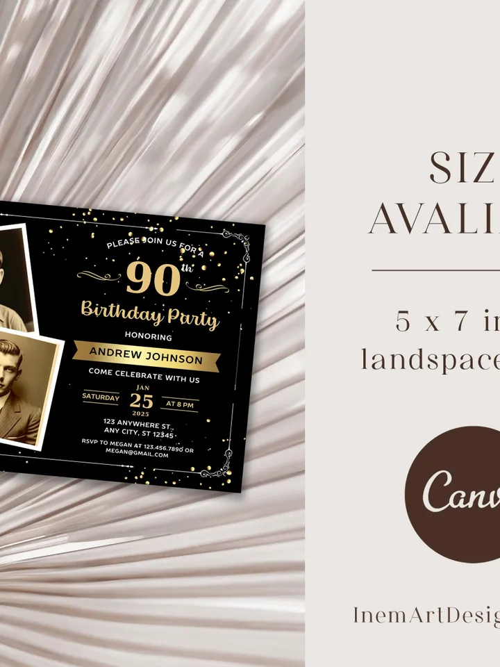90th Birthday invitation with Photo | Adult Birthday Photo Invite | Mens birthday Black Gold landscape invitation card | Canva template