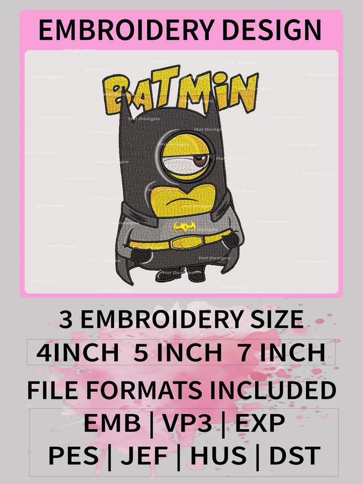 Minion Batman Embroidery Pattern – Funny Superhero Cartoon Machine Embroidery Design