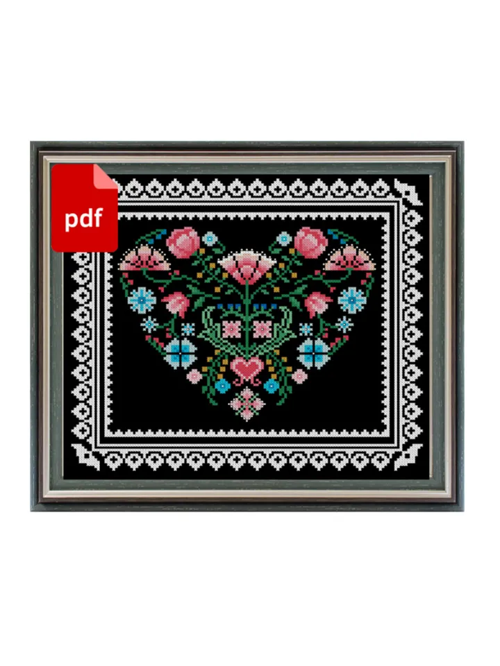 Lace flower heart cross stitch pattern, vintage floral cross stitch pattern