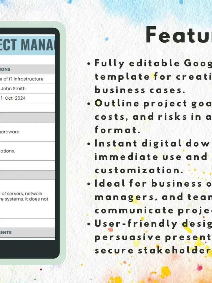 Project Management Business Case Template, Editable Google Sheets, Easy-to-Use, Digital Download for Business Owners, Managers, Teams