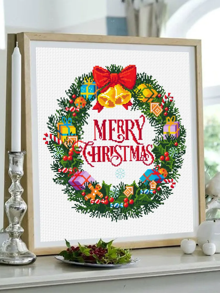 Merry Christmas cross stitch pattern download PDF Christmas wreath cross stitch Christmas pattern digital Winter holiday embroidery PDF #N20