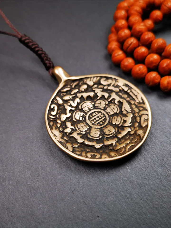 Gandhanra Vintage Tibetan Buddhist Calendar Badge,Melong Mirror, SIPAHO Amulet,Made of Lima Brass, 1.88"