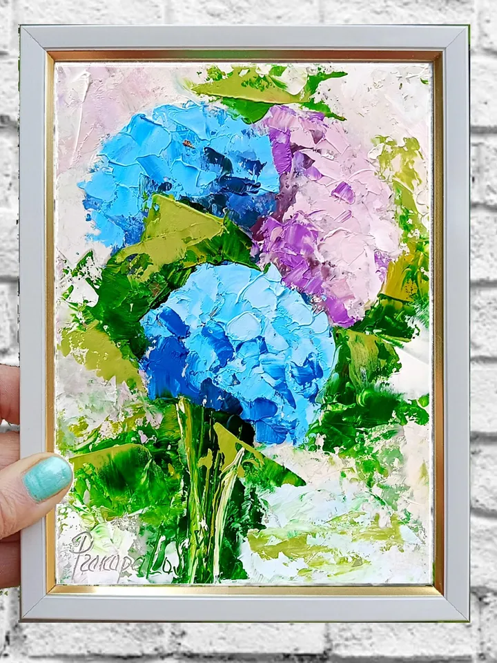 Hydrangea Painting Flower Original Art Abstract Floral Wall Art Chunky Small Oil Painting Impasto Impressionist Artwork home gifts 7x5 in