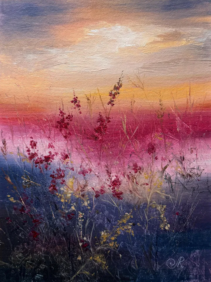 Sunset Oil Painting Meadow Wall Art Field Original Painting