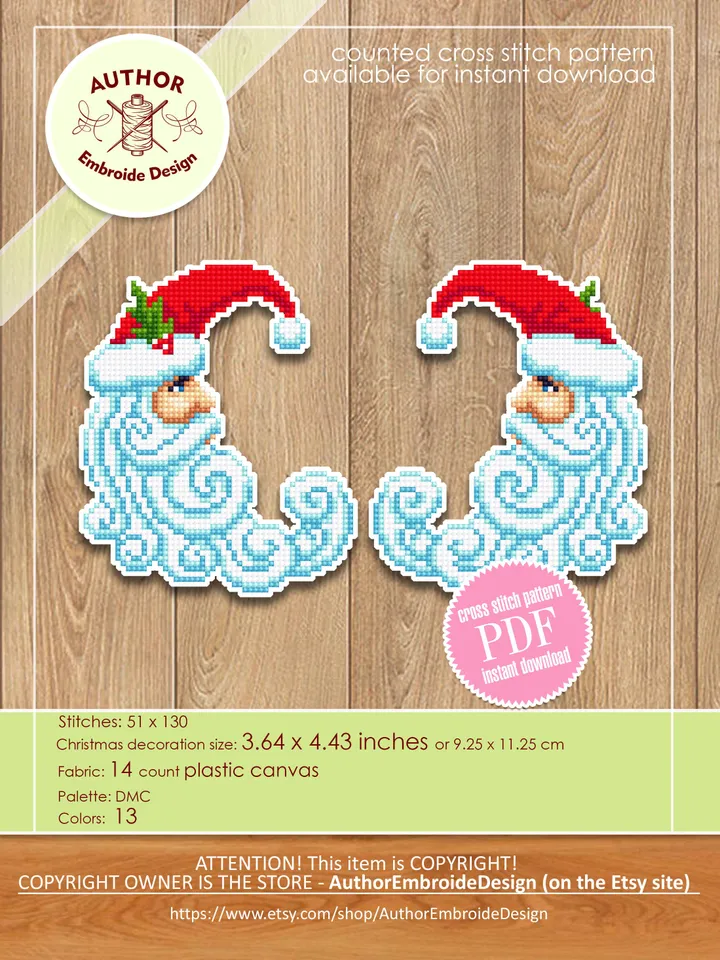 Christmas Crescent moon Santa cross stitch pattern PDF download Double-sided Christmas tree decor for plastic canvas, Moon ornament #N119