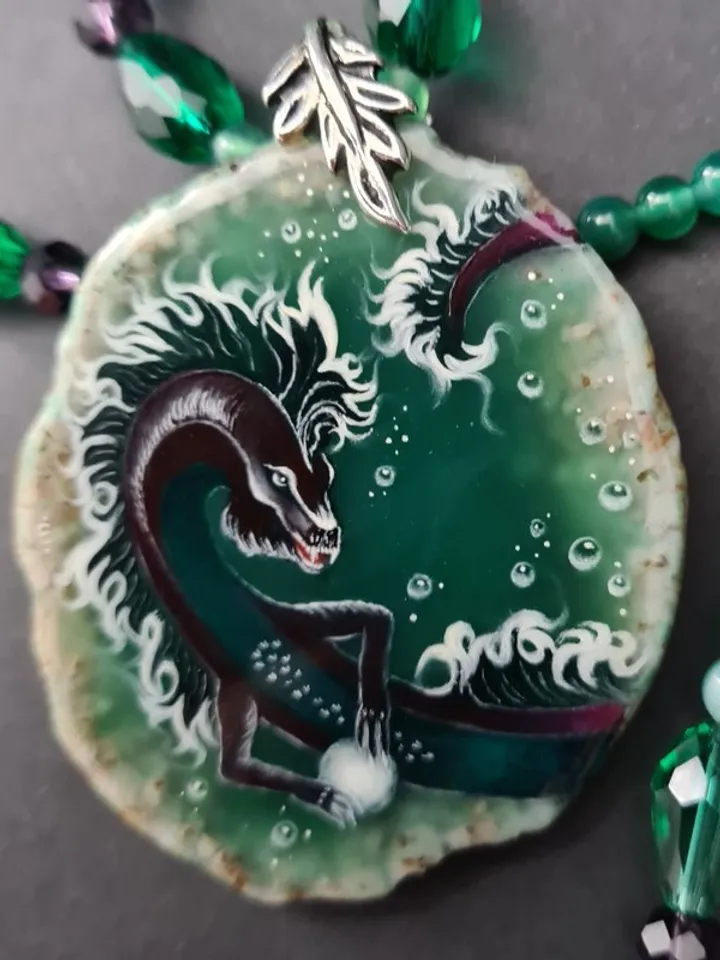Dragon necklace Painting Dragon on Agate Stone charm Christmas Gift Wrapping