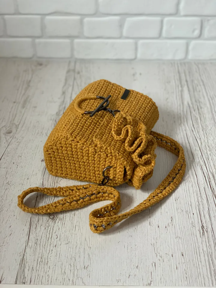 Mustard crossbody with ruffles, crochet bag, handmade luxury handbag, clutch, shoulder bag, accessories for gift, cotton cord