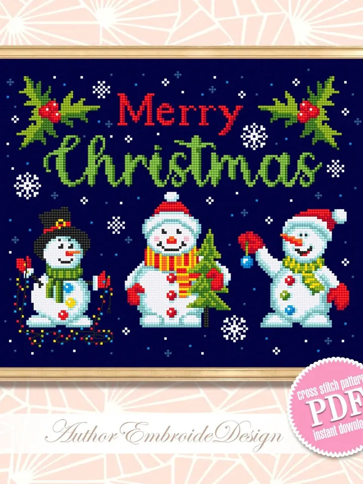 Christmas snowmen cross stitch pattern PDF download, Merry Christmas cross stitch chart, Christmas pattern digital PDF, Cute snowman #N126