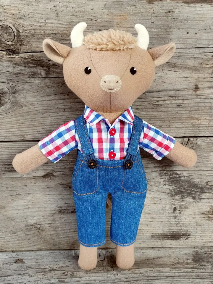 Beige bull, handmade plush cow doll, stuffed wool fabric toy, bull textile doll