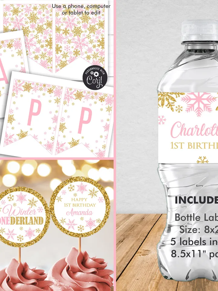 Winter Onederland Birthday Girl Decorations, Winter Onederland Birthday Party Package Bundle, Pink Gold Snowflakes Editable Template