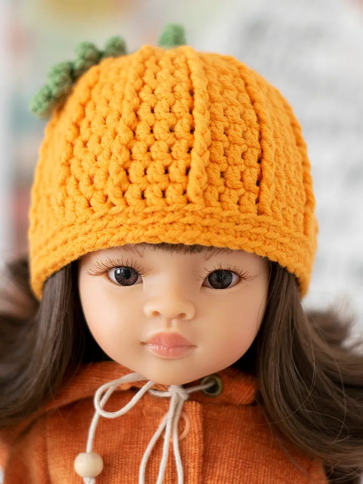 Orange pumpkin hat for Paola Reina doll, Meadowdolls Dumplings, Little Darling, Siblies, doll accessories for Halloween
