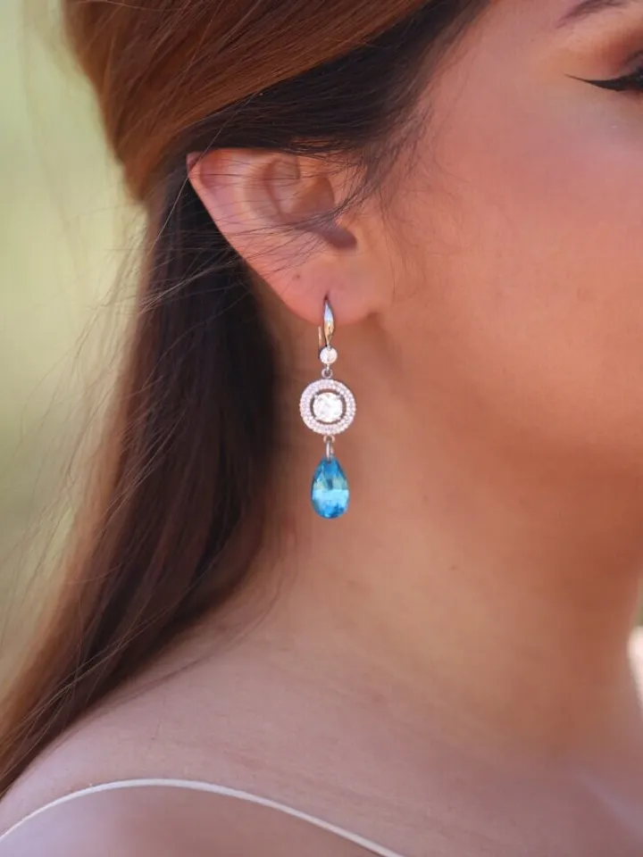 Silver Rose Gold Blue Swarovski Crystal Statement Wedding Earrings, Teardrop Bridal Earrings, Statement Wedding Jewelry, Bridesmaid Gift,