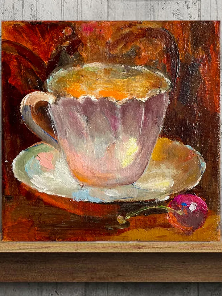 Coffee Still Life Painting Kitchen Wall Decor, Coffee cup and cherry art oil on canvas 6"x6"