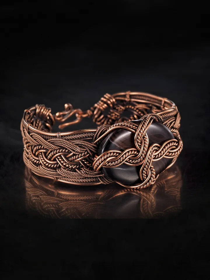 Copper wire wrapped agate bracelet Unique woven copper wire bangle Small size