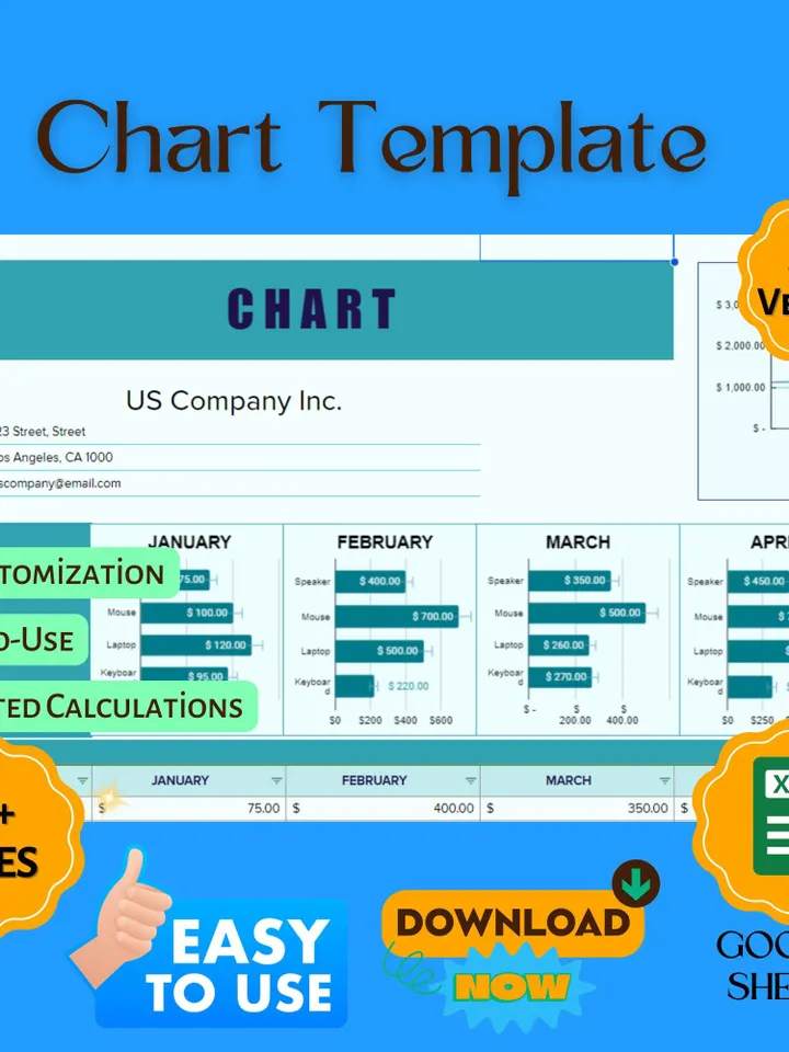 Chart Template, Google Sheets Data Visualization, Business Graph Generator, Editable Excel Chart, Custom Report Dashboard