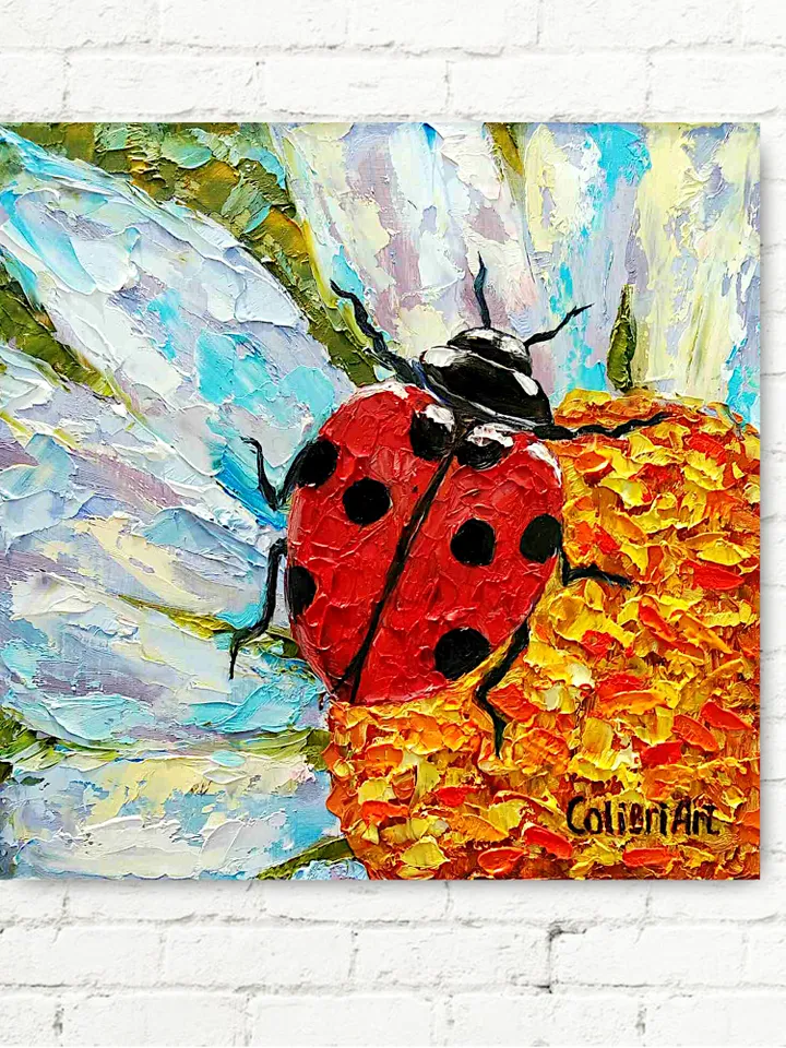 Ladybug Painting Daisy Original Art Animal Flower Painting Floral Small Art Insect Colorful Art 8" x 8" By Colibri Art
