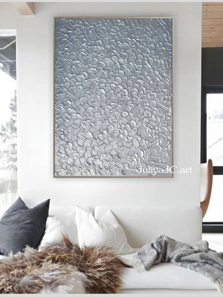 Silver Abstract Wall Art Glittery Silver Painting Textured artwork | Living room wall art Light Silver home decor