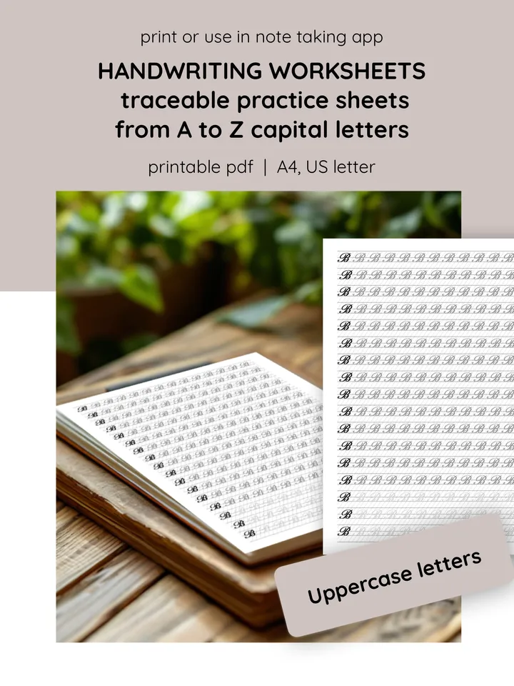 Calligraphy Uppercase Handwriting Worksheets: Traceable Practice for Kids' Writing Skills. Printable writing templates. Cursive handwriting lessons. Handwriting practice for children. Calligraphy for beginners