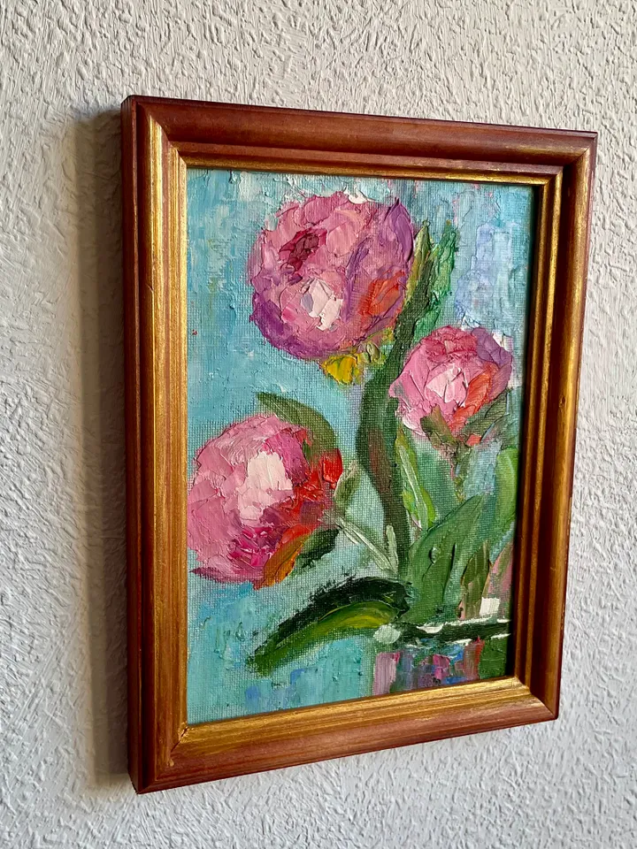 Original oil painting Framed Peony Painting Pink Flower Painting