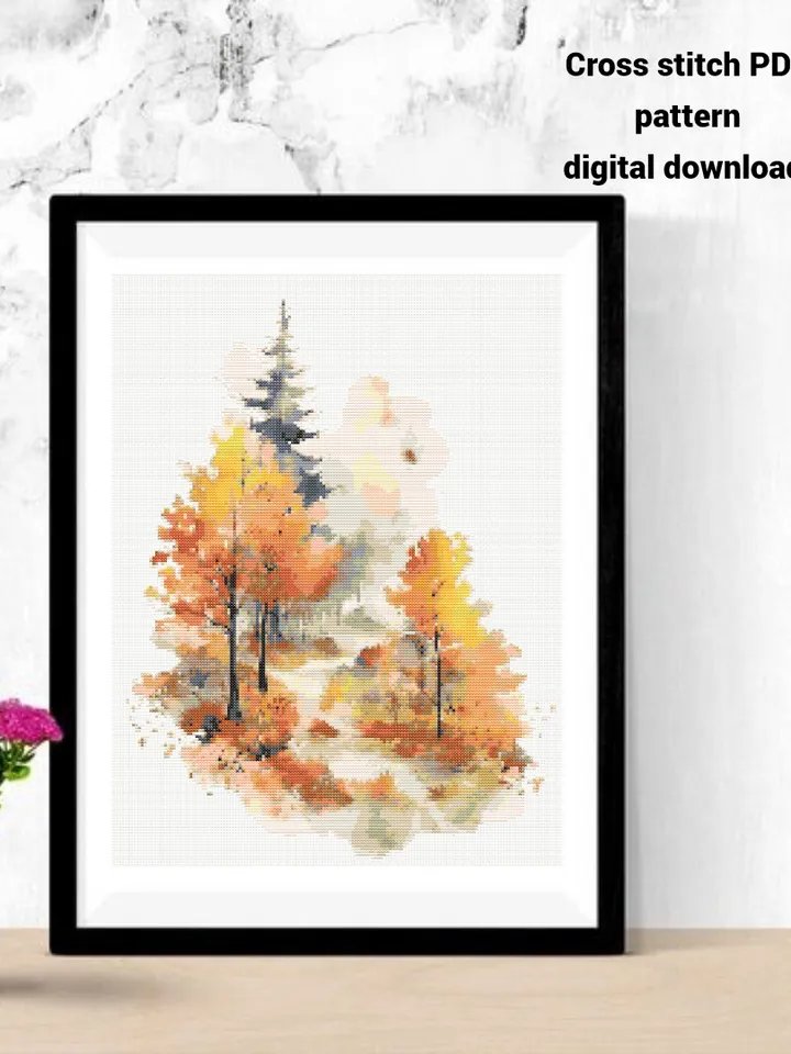 Watercolor Autumn Forest cross stitch PDF pattern, Fall Nature embroidery design, Instant download