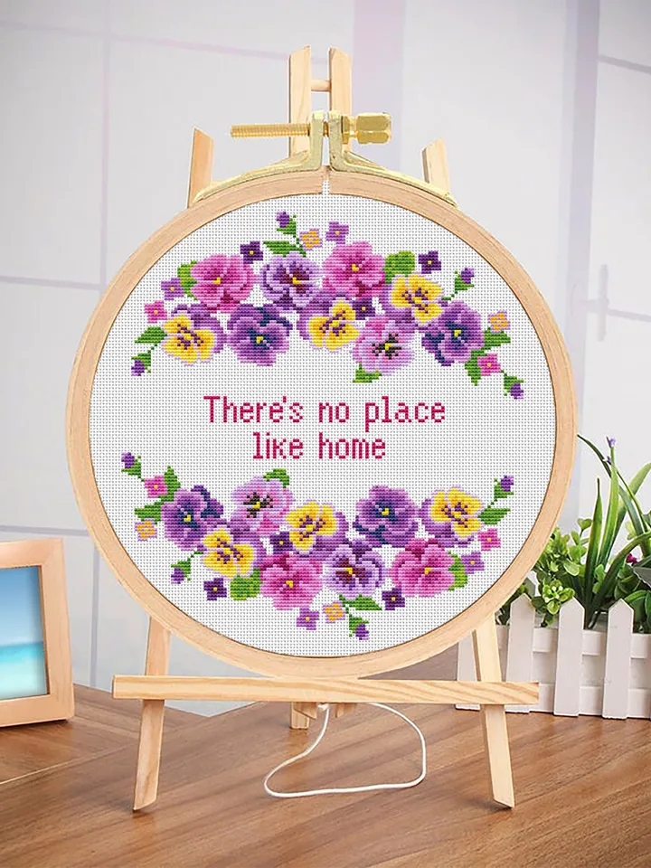 Quote cross stitch flowers violets Theres no place like home PDF pattern modern, Cross stitch flower violets pattern needlepoint