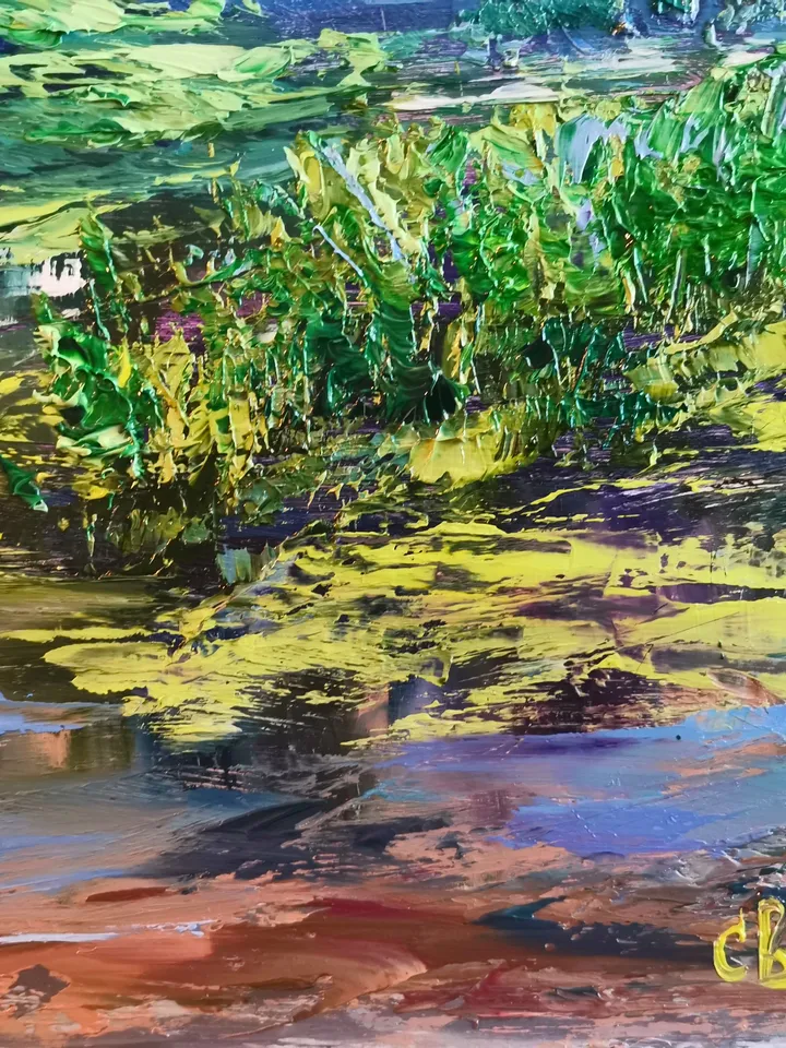 Rainbow River Pond Forest Sky Original Impasto Art Oil Painting Artist Svinar Oksana