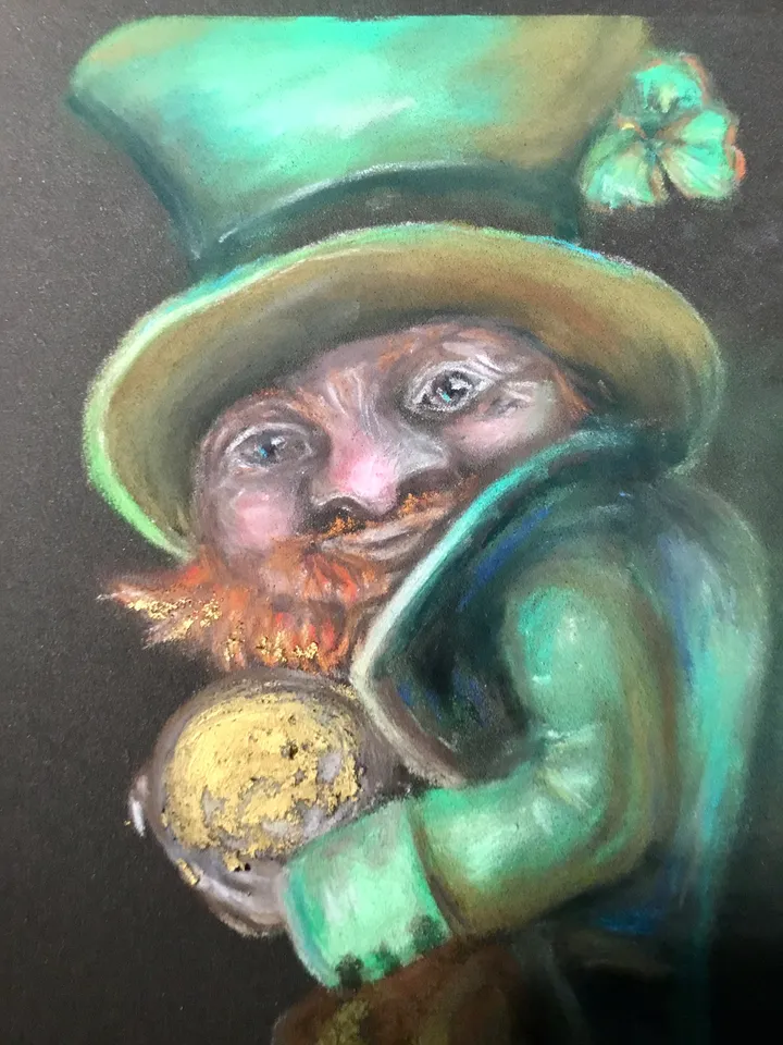 Funny leprechaun with a golden coin painting ,original soft pastel painting on specialized paper,,Irish leprechaun wall art,special gift.