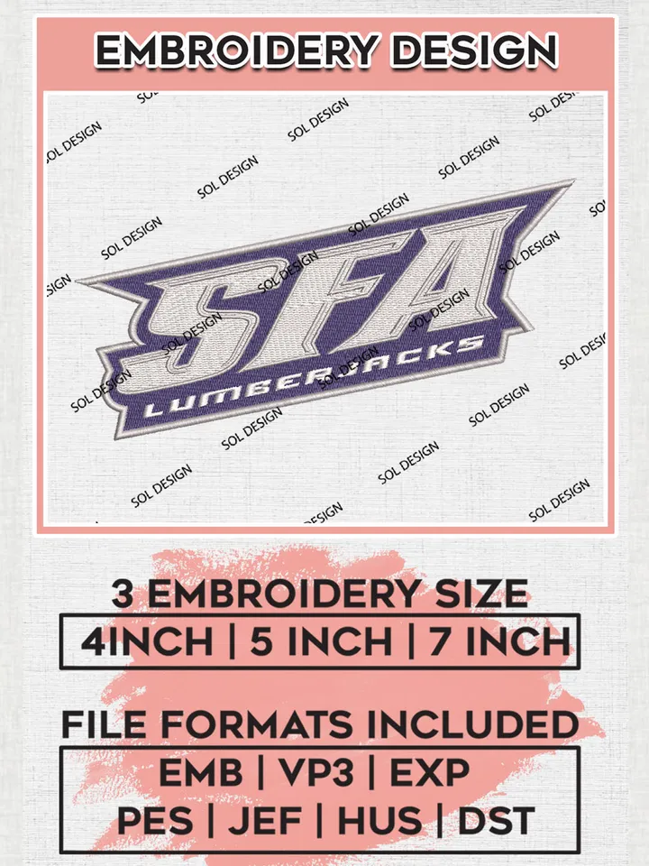 NCAA SFA College Football Team Logo Embroidery Design Files, NCAA Stephen F Austin Lumberjacks Machine Embroidery, NCAA Teams, Game Day, 3 sizes, NCAA Machine embroidery designs, Digital Download