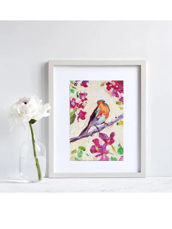 Robin Painting 油畫原作 Oil Bird 手工油畫 油畫 Original Art Animal Artwork 掛畫 by Verafe
