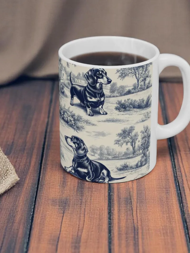Dachshund French Toile de Jouy Mug - Blue Toile Coffee Cup for Doxie Mom, Sausage Dog Lover Gifts, Dog Tea Drinkware, Dog Mom Gift