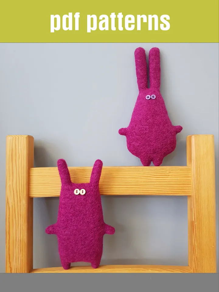 Pink rabbits sewing patterns PDF, set of 2 tutorials in English, rag doll sewing diy