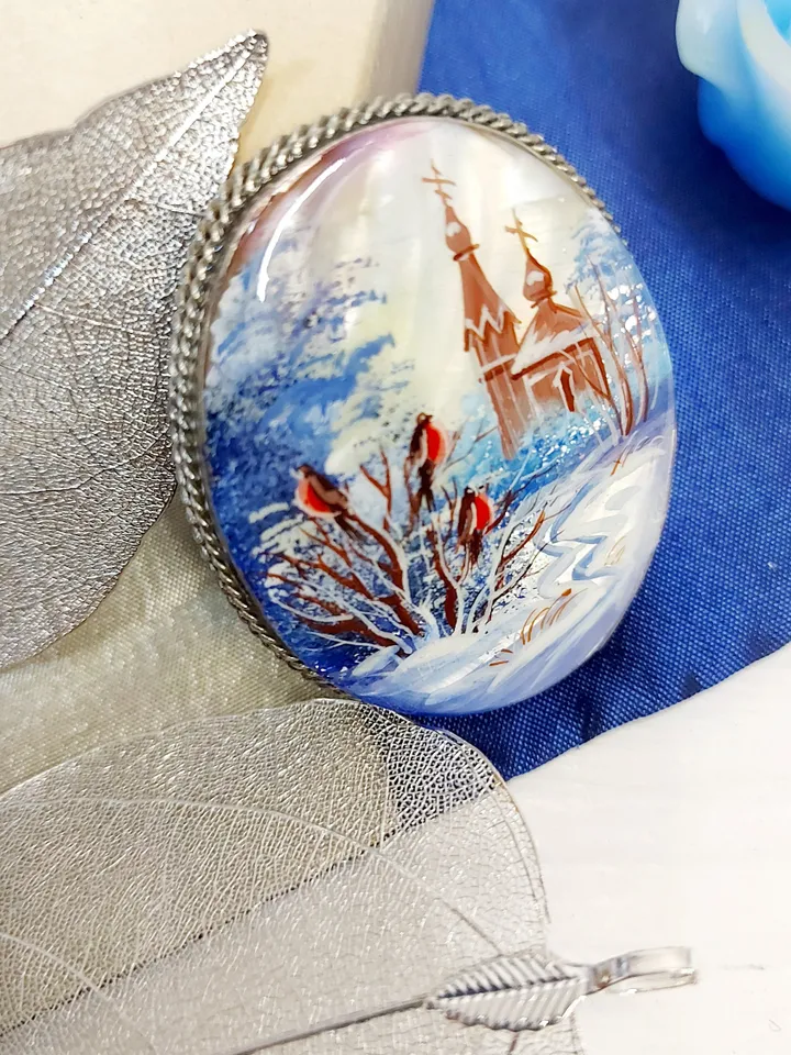 Brooches for women: Church and bullfinches in winter village on hand painted brooch • unique pearl lacquer pin • trendy brooch for dress