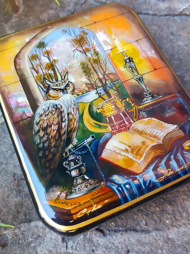 Beautiful Russian Lacquer Box "Learned Owl" Fedoskino Jewelry Box Hand Painted Miniature Painting Papier-mache Pearl Owl Box