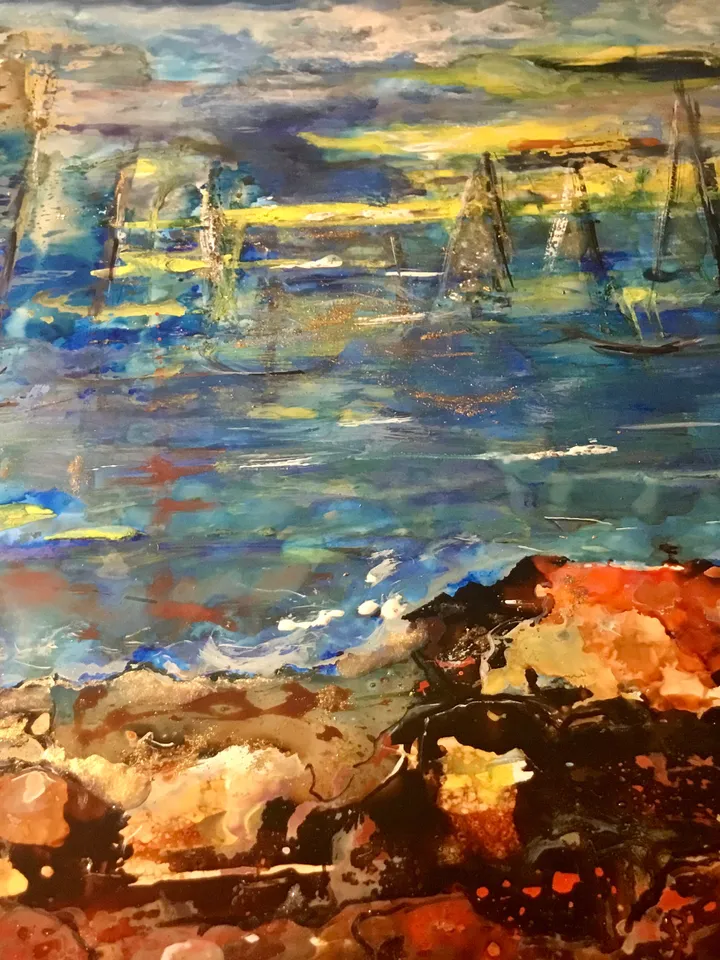 Sunset mirage,mix media painting on yupo paper,fantasy sea boats abstract painting,gift,home decoration,wall hanging